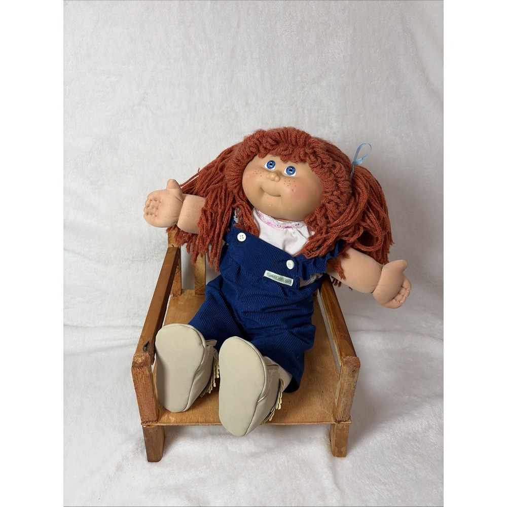 Cabbage patch 25th anniversary red hair freckles blue overalls Rustic Wood Chair - Picture 9 of 16